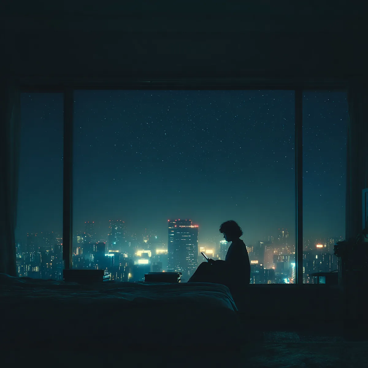 A phone glowing in a dark bedroom at night